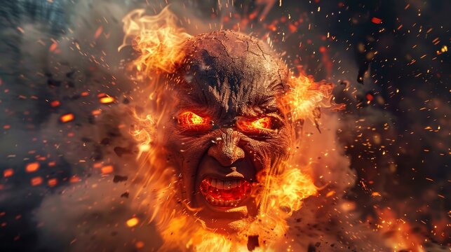A surreal scene featuring a head with glowing, fiery eyes, seemingly exploding with intense flames and debris, creating a dynamic and chaotic environment.