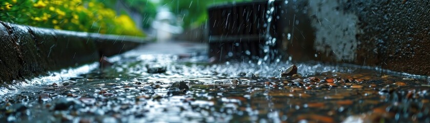 Fototapeta premium Rainwater flowing through a street gutter