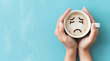 Hands holding coffee cup with sad face drawn on coffee on blue background with copy space. Emotions, blue monday, hard morning, difficult day theme