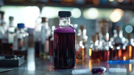 Potassium permanganate liquid on laboratory table among cosmetic chemicals