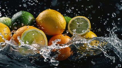 Fresh Citrus Fruits Splashing in Water - Generative AI
