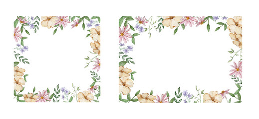 Frames with watercolor garden flowers and leaves set