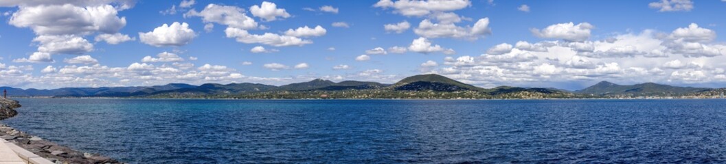 Fototapeta premium Saint Tropez looking across the Mediterranean Sea to the other side of the Cote d'Azur Bay, panorama