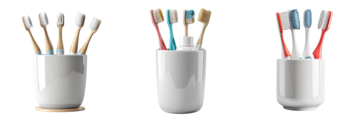 set of a ceramic toothbrush holder with toothpaste on transparent background