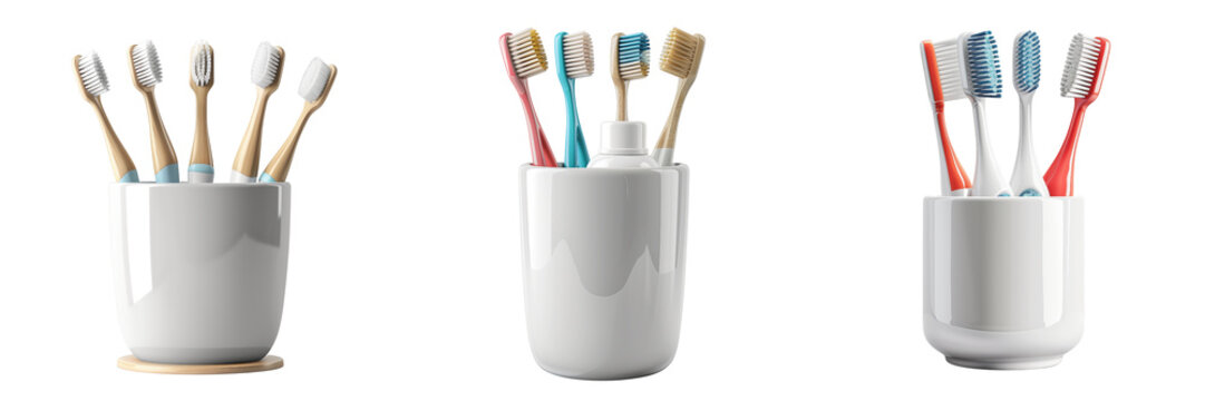 set of a ceramic toothbrush holder with toothpaste on transparent background