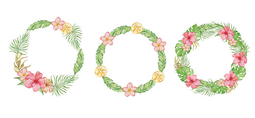 Watercolor tropical frames set with flowers and leaves