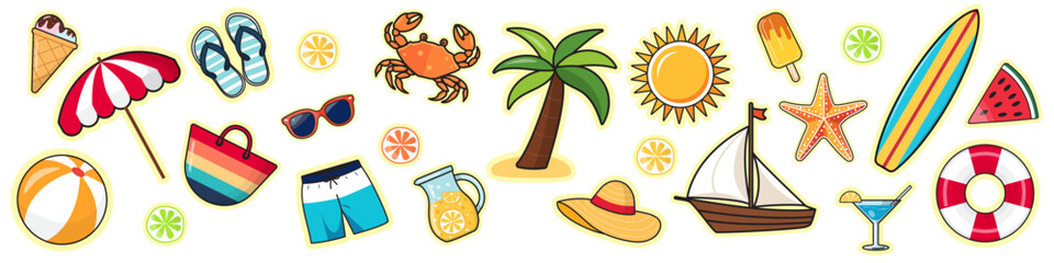 A set of hand drawn stickers for summer vacation.; Design concept of summer vacation; travel. Vector illustration.