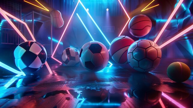 Neon Sports Balls in Futuristic Setting - Generative AI