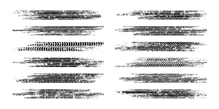 Grunge tire tracks, wheel braking marks. Truck, car or motorcycle tread pattern silhouettes. Auto race, motorsport, speed racing design element. Vector illustration