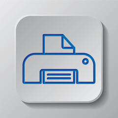 Printer, print simple icon. Flat design. Paper cut design. Cutted blue symbol with shadow. Gray badge button, gray background