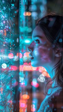 photo futuristic concept of a woman with cell phone displaying Black Friday sales hologram