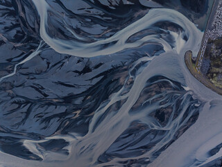 A glacial rivers from above. Aerial shot of the river streams from Icelandic glaciers. Beautiful...