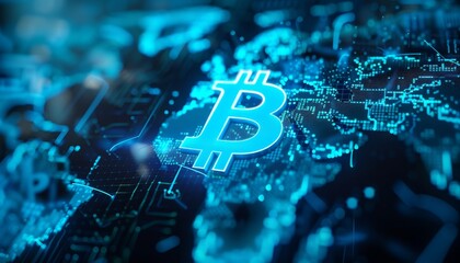 Digital currency symbols on a global map, cryptocurrency, financial innovation