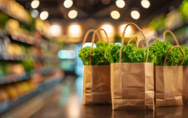 Ecofriendly packaging on supermarket shelves, sustainable products, reducing plastic use
