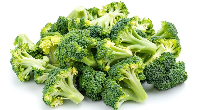 Fresh green broccoli florets on a white background. Perfect for healthy eating, vegan recipes, and nutritious meal planning.