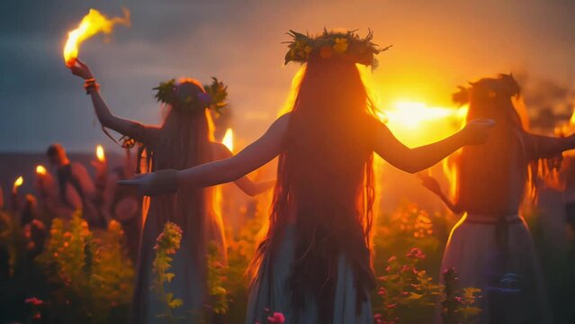 Ritual dances of girls in honor of the celebration of the autumn equinox, sunset or sunrise in field