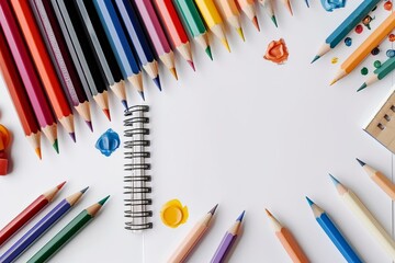 Fototapeta premium Back to school background, sheet of paper with colored pencils and paint smudges