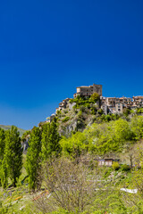 A view of the village of Castel di Tora, Rieti, Lazio, Italy. Surrounded by green mountains, it...
