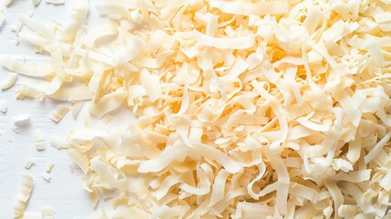 Obraz premium Close-up of shredded white soap on a white background, ideal for DIY projects, natural skincare, and homemade soap making.