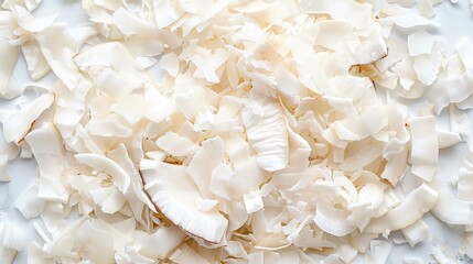 Close-up of dried coconut flakes scattered on a white surface, showing texture and natural detail, ideal for culinary and food photography.