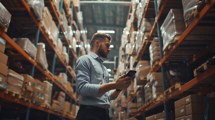 Salesman working in a hardware warehouse standing and checking scan box in logistics for inventory check using barcode reader