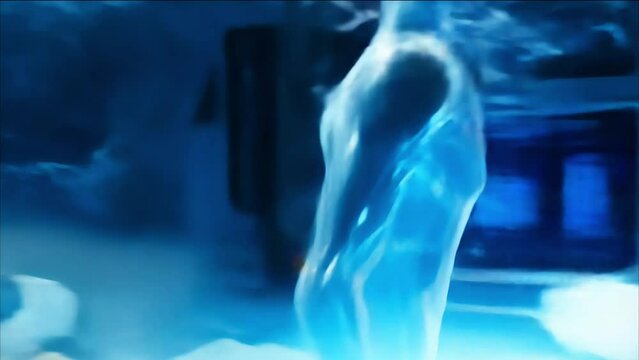 Humanoid figure awakening amidst ice crystals in a cryogenic revival scene