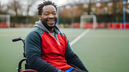 Disabled black man on astroturf smiling at the camera. Paralympic athletic training. Hockey player in wheelchair in a jacket in autumn winter laughing candidly. Diversity and inclusivity in sport. 