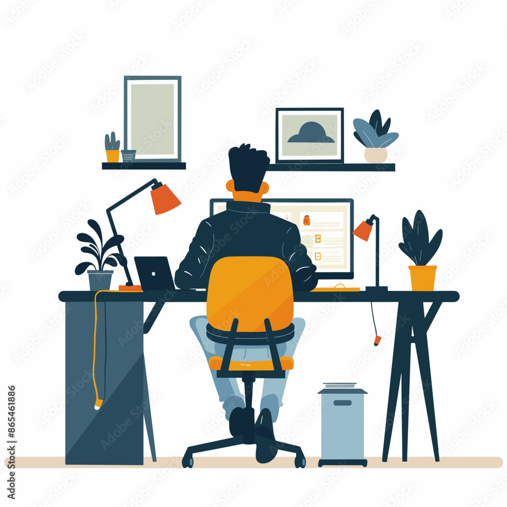 Poster a man is sitting at a desk with a computer and a laptop. he is wearing a jacket and has a potted pla