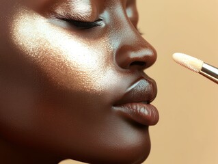 Person applying highlighter to the high points of their face, highlighter application, glowing skin