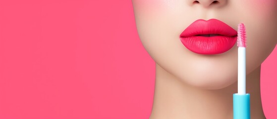 Woman with glossy lips using a lip gloss applicator, glossy lips, lip makeup