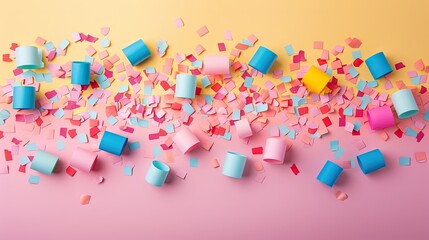 Colorful papercut confetti on a bright gradient, dynamic and fun celebration