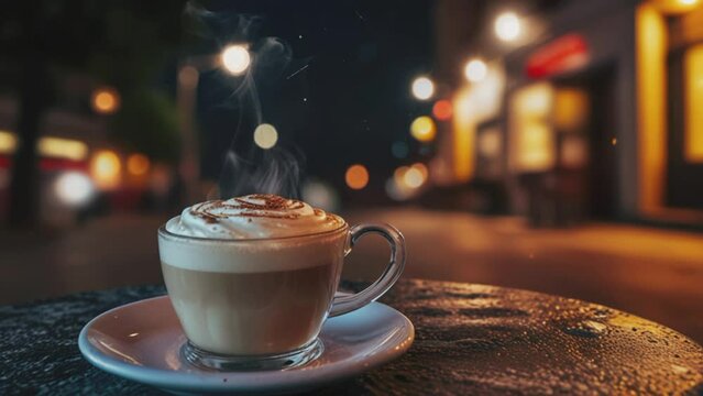 a cup of hot milk coffee at night, 4K seamless looping virtual video animation background