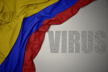 waving colorful national flag of colombia on a gray background with text virus .