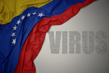 waving colorful national flag of venezuela on a gray background with text virus .