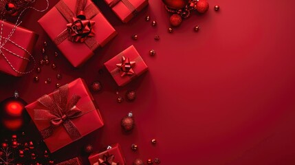 Festive background with red Christmas gift boxes for New Year celebrations