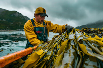 Man harvesting kelp in the ocean
