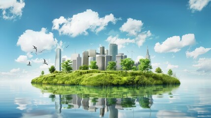 concept city of the future with alternative energy sources, solar panels, electric wind turbines and gardens on balconies, vertical gardening