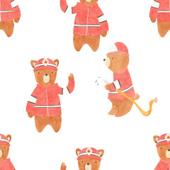Firefighter seamless pattern - hand drawn watercolor surface design for kids nursery boy decor room with animal, bear, fireman, fire station, fire truck