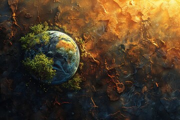 Earth-like globe with trees emerging from it contrasts against a barren, cracked landscape illuminated by warm light. stark contrast between destruction and hope, environmental regeneration