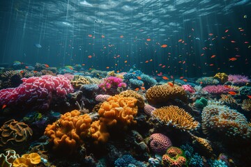 Colorful coral reef brimming with fish, illuminated by sunlight. Carbon credit symbols subtly included, reef role in carbon capture, significance preserving marine biodiversity for balanced ecosystem.