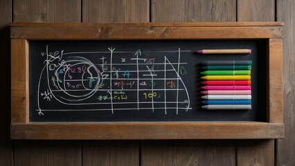A chalkboard with colorful diagrams and vibrant pencils. Ideal for school, education, and creative learning concepts.