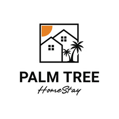 palm tree homestay logo design concept idea with sun 