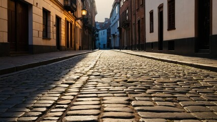 Charming cobblestone street in an old town with historic buildings, creating a nostalgic and serene atmosphere, perfect for travel, exploration, and quiet evening walks.