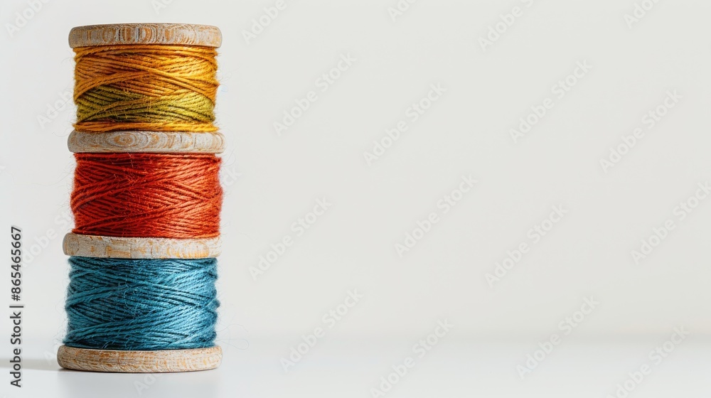 Poster a pinned spool of thread on a white background with space for text