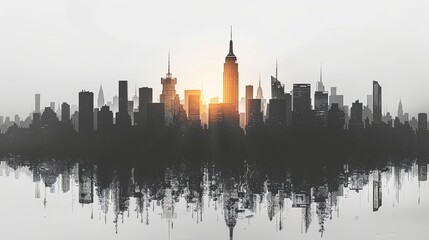 Obraz premium Cityscape with silhouettes of tall skyscrapers and office buildings. Panoramic landscape of the metropolis. Silhouettes of a modern city. Business district of the city. Vector illustration