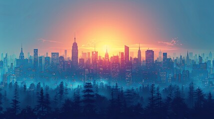 Cityscape with silhouettes of tall skyscrapers and office buildings. Panoramic landscape of the metropolis. Silhouettes of a modern city. Business district of the city. Vector illustration