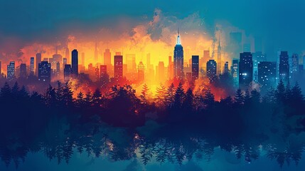 Cityscape with silhouettes of tall skyscrapers and office buildings. Panoramic landscape of the metropolis. Silhouettes of a modern city. Business district of the city. Vector illustration