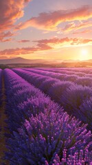 Field of lavender flowers with a beautiful sunset in the background