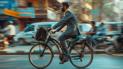 Naklejka premium Indian Businessman in a suit is riding a bicycle in a busy city street