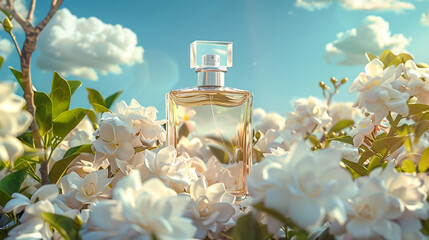 Transparent perfume bottle surrounded with white gardenia flowers on blue sky background. Floral perfume bottle with white blooming flowers. Elegant luxury fragrance presentation with daylight